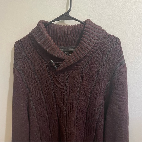 Men's Cable Knit Sweater - Burgundy XXL Cowl Neck Long Winter Medium/ Heavy - Picture 2 of 5